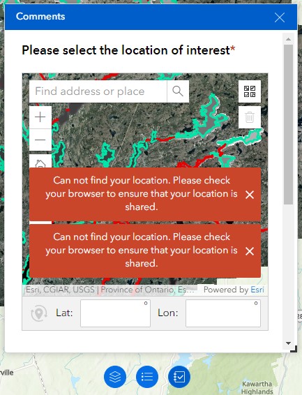 Map location selection dialogue with an error message