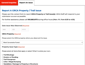 Screenshot of online form to report trail issues