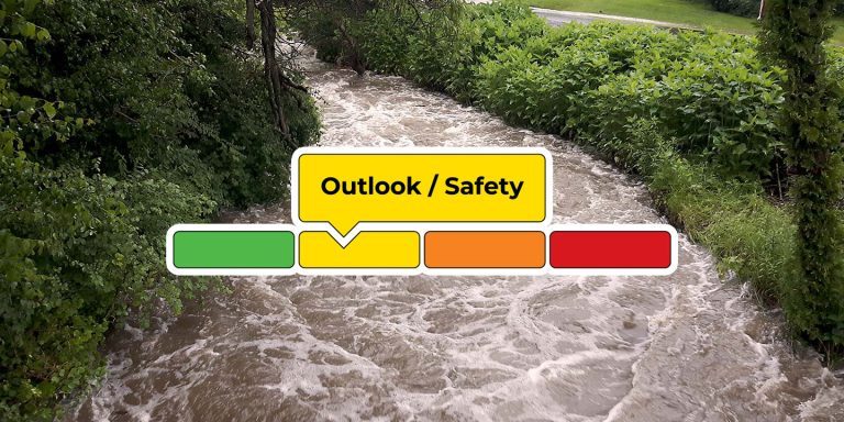 Flood Outlook / Safety graphic over a flooded stream in the background